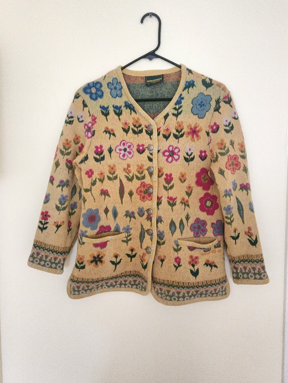 Vtg 100% Wool Yellow Floral Cottage Boho Colorful Sweater Novelty Blazer 34 Smll